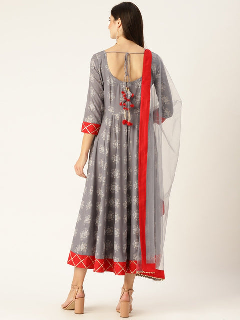 Women Grey Ethnic Motifs Printed Round Neck Viscose Rayon A-Line Dress