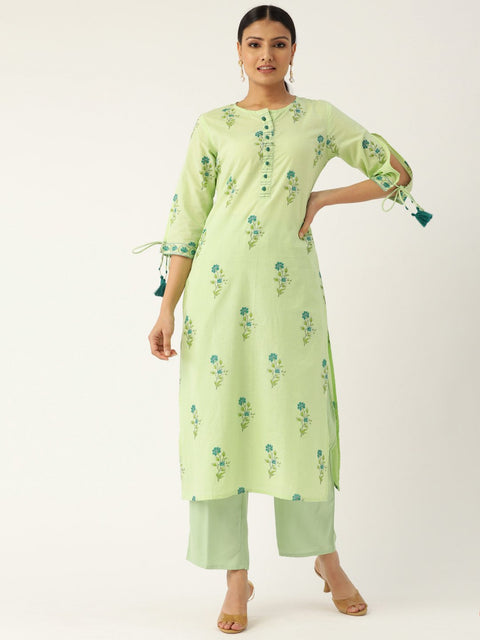 Women Pista Green Calf Length Three-Quarter Sleeves Straight Floral Printed Cotton Kurta