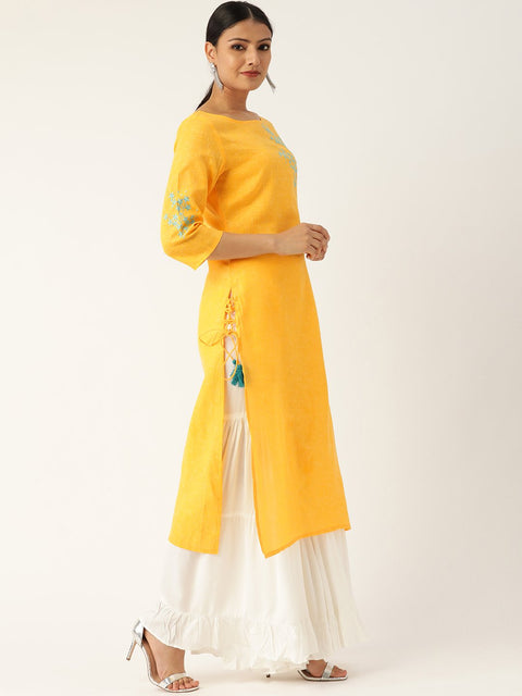 Women Yellow Calf Length Three-Quarter Sleeves Straight Solid Embroidered Cotton Kurta