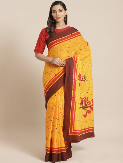 Women yellow and maroon printed Saree with atteched blouse piece