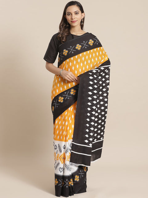 Women Black and White aztec print Saree with atteched blouse piece