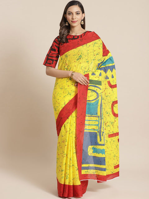 Women yellow and red printed Saree with atteched blouse piece