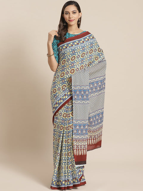 Women Blue ethnic printed Saree with atteched blouse piece