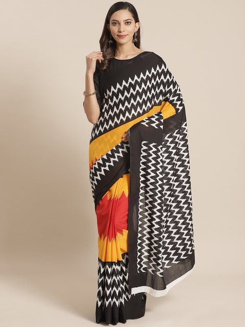 Women Orange and Black zig-zag printed Saree with atteched blouse piece