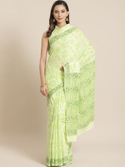 Women Green Ethnic floral bail printed Saree with atteched blouse piece