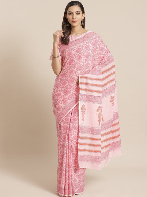 Women Pink Ethnic print Saree with atteched blouse piece