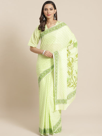 Women limegreen Ethnic print Saree with atteched blouse piece