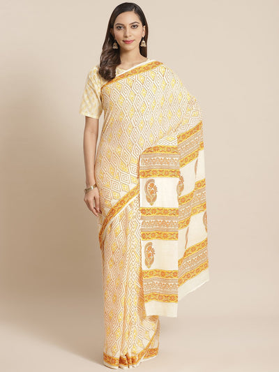 Women White and Orange burfi Ethnic print Saree with atteched blouse piece