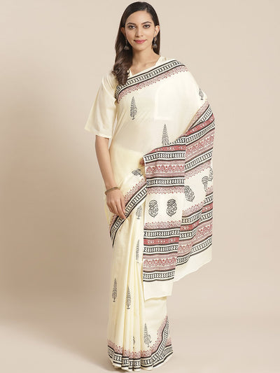 Women Cream Ethnic print Saree with atteched blouse piece