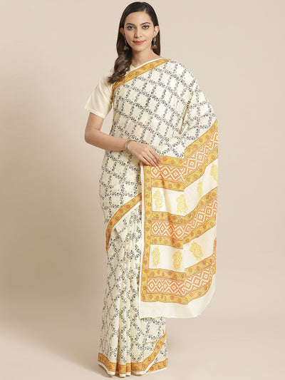 Women Offwhite and black Geometric print Saree with atteched blouse piece