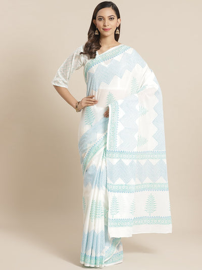 Women white and blue Zig-Zag print Saree with atteched blouse piece