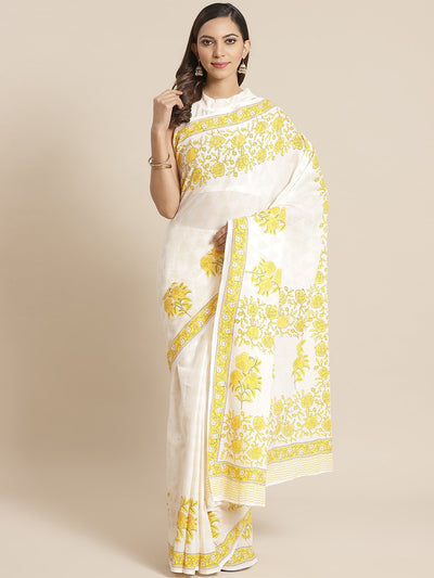 Women white and yellow Floral print Saree with atteched blouse piece