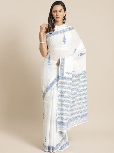 Women White and Blue ethnic print Saree with atteched blouse piece