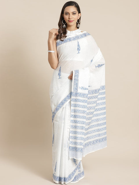Women White and Blue ethnic print Saree with atteched blouse piece