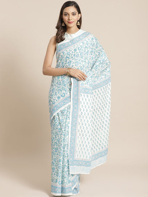 Women White and Blue ethnic print Saree with atteched blouse piece