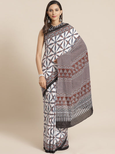 Women White and multi Geometric print Saree with atteched blouse piece