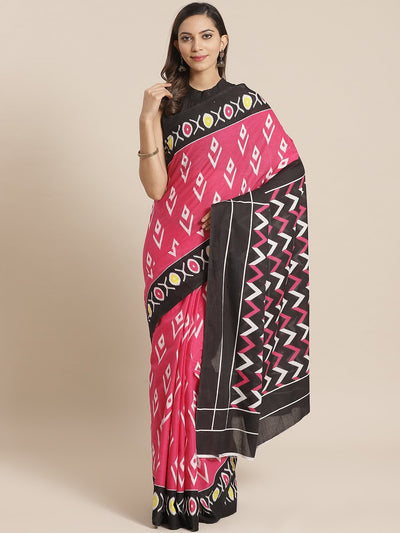 Wome Pink Black and multi printed Saree with atteched blouse piece
