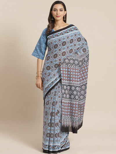 Wome Blue and Green multi ethnic printed Saree with atteched blouse piece