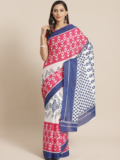 Wome Pink and White aztec printed Saree with atteched blouse piece