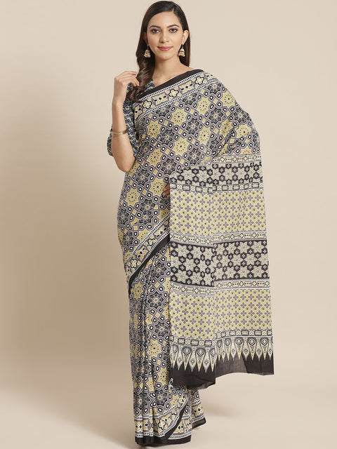Wome Grey and yellow ethnic printed Saree with atteched blouse piece