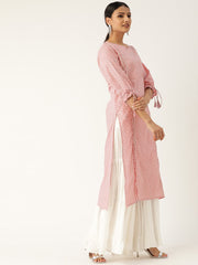 Women Baby Pink Calf Length Three-Quarter Sleeves Straight Floral Printed Cotton Kurta