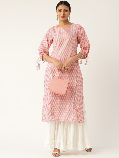 Women Baby Pink Calf Length Three-Quarter Sleeves Straight Floral Printed Cotton Kurta