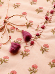Women Peach Calf Length Three-Quarter Sleeves Straight Floral Printed Cotton Kurta
