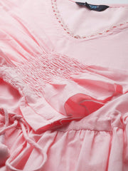 Women Pink Three-Quarter Sleeves Smocking Top