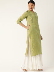Women Green Calf Length Three-Quarter Sleeves Straight Solid Embroidered Cotton Kurta