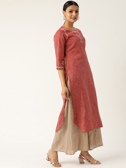 Women Maroon Calf Length Three-Quarter Sleeves Straight Solid Embroidered Cotton Kurta