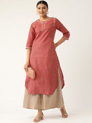 Women Maroon Calf Length Three-Quarter Sleeves Straight Solid Embroidered Cotton Kurta