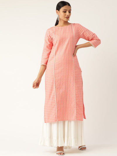 Women Pink Calf Length Three-Quarter Sleeves Straight Striped Striped Cotton Kurta