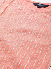 Women Pink Calf Length Three-Quarter Sleeves Straight Striped Striped Cotton Kurta