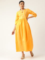Women Yellow Solid Solid Keyhole Neck Cotton Fit and Flare Dress