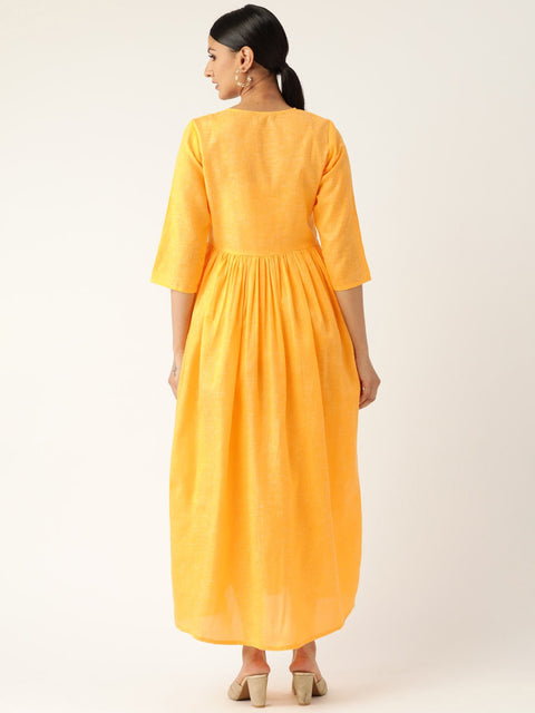 Women Yellow Solid Solid Keyhole Neck Cotton Fit and Flare Dress
