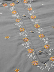 Women Grey & Orange Embroidered Kurta with Trousers & Dupatta
