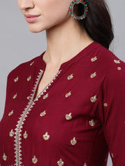 Women Maroon Solid Embroidered Mandarin Collar Viscose Rayon Maxi Dress With Dupatta