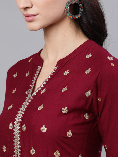 Women Maroon Solid Embroidered Mandarin Collar Viscose Rayon Maxi Dress With Dupatta