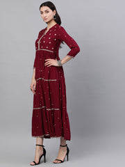 Women Maroon Solid Embroidered Mandarin Collar Viscose Rayon Maxi Dress With Dupatta