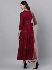 Women Maroon Solid Embroidered Mandarin Collar Viscose Rayon Maxi Dress With Dupatta