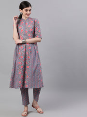 Women Grey Three-Quarter Sleeves Flared Kurta With Palazzo