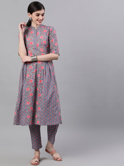 Women Grey Three-Quarter Sleeves Flared Kurta With Palazzo