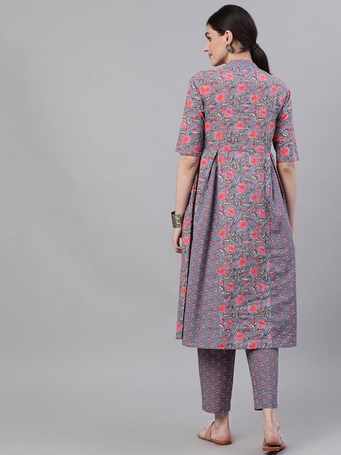 Women Grey Three-Quarter Sleeves Flared Kurta With Palazzo