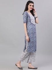 Women Blue Three-Quarter Sleeves Straight Kurta Palazzo With Dupatta