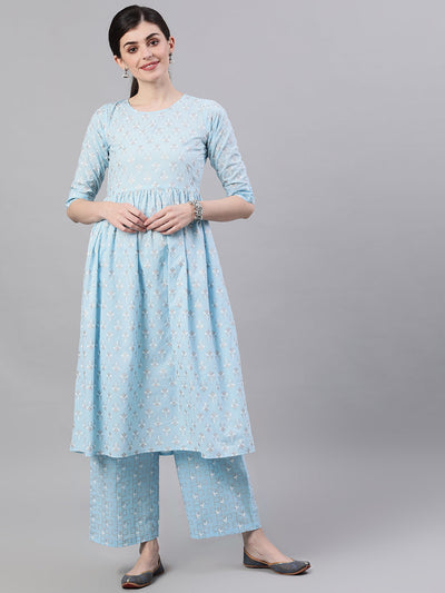 Women Pastel Sky Blue Three-Quarter Sleeves Flared Kurta and Palazzo Set