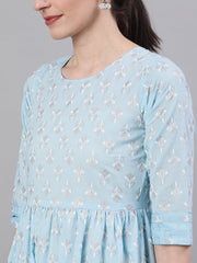 Women Pastel Sky Blue Three-Quarter Sleeves Flared Kurta and Palazzo Set