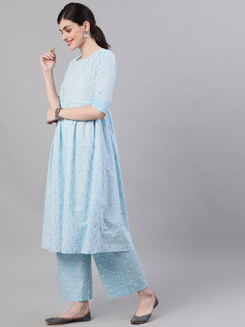 Women Pastel Sky Blue Three-Quarter Sleeves Flared Kurta and Palazzo Set