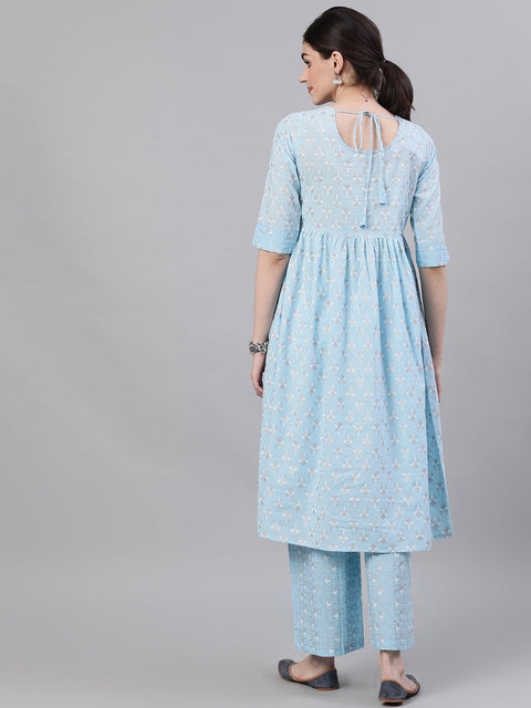 Women Pastel Sky Blue Three-Quarter Sleeves Flared Kurta and Palazzo Set