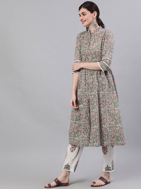 Women White Three-Quarter Sleeves Flared Kurta and Palazzo Set