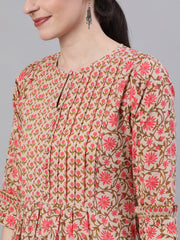 Women Beige Three-Quarter Sleeves Flared Kurta and Palazzo Set